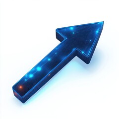 3d translucent blue arrow tilted diagonally upward with glowing light dots inside against a white background conveying progress and direction