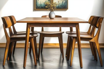 Minimalist wooden dining table with five matching chairs and a small vase with dried flowers in a bright, clean room