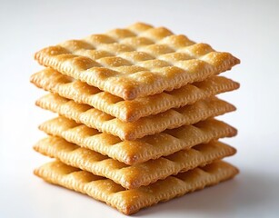 Stack of seven square golden brown crackers with puffed texture on a white background