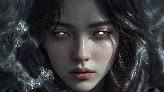 Mysterious young woman with ethereal appearance and glowing eyes  