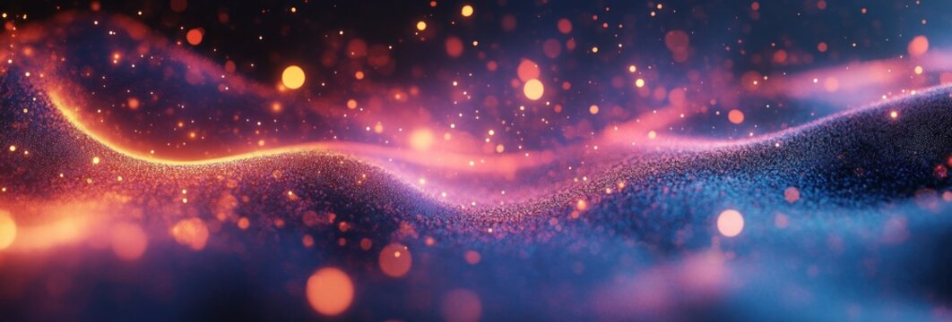 Abstract flowing particles forming wave-like patterns with glowing orange and blue lights creating a dynamic and ethereal atmosphere