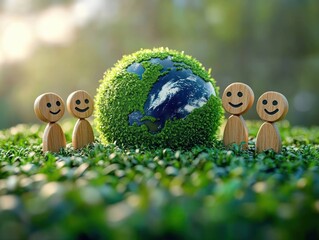Four wooden smiley figures standing around a small globe partially covered with green moss, resting on a bed of vibrant green leaves symbolizing environmental care and happiness