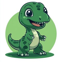 Naklejka premium cute happy small green baby dinosaur with big eyes smiling joyfully standing on two legs with a round green background