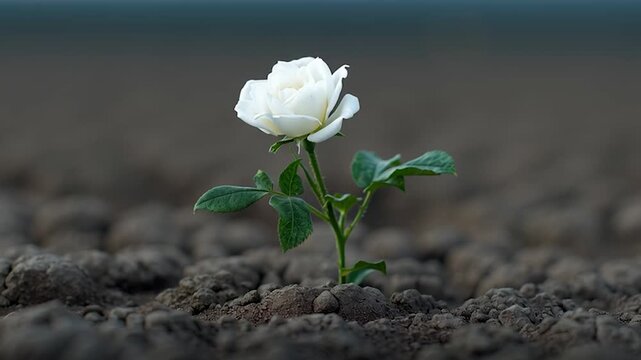 Flower blooming in dry, barren land. Ideal for conveying themes of strength, beauty emerging from hardship, and the tenacity of life.