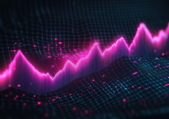 Glowing vibrant pink and purple 3D digital graph on a dark blue grid background representing data fluctuations and trends