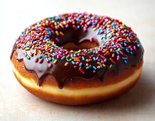 Close-up of a freshly baked donut topped with glossy chocolate glaze and colorful sprinkles on a light surface