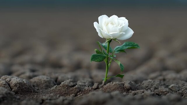 Flower blooming in dry, barren land. Ideal for conveying themes of strength, beauty emerging from hardship, and the tenacity of life.