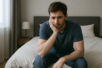 A thoughtful and depressed man sits alone on the bed, feeling sad and hopeless. Concept of mental health issues, loneliness, and stress.