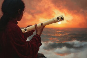Person playing a flute by the ocean during a vibrant orange sunset with waves crashing against rocks