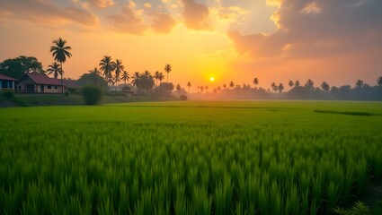 Obraz premium Golden Sunset Over Lush Rice Paddy Field, Tranquil Asian Village Landscape at Dusk, Warm Light Illuminating Green Basmati Farm, Serene Countryside Paddy Field and Palm Trees at Sunset