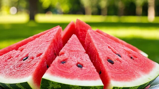 Fresh watermelon slices arranged on a plate in a vibrant park setting, perfect for a summer picnic