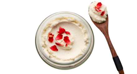 Creamy Dip Garnished with Red Rose Petals in Glass Jar with Wooden Spoon on Transparent Background