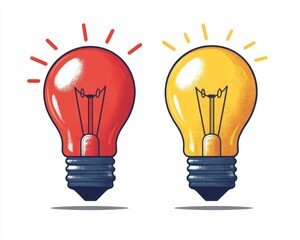Illustration of two glowing light bulbs side by side, one red and one yellow, each emitting light rays symbolizing ideas or creativity