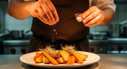 Chef meticulously seasons gourmet roasted potatoes and carrots with fresh sprouts for exquisite plating