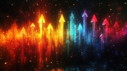 Colorful glowing arrows pointing upward with digital light particle effects on a dark starry background symbolizing growth and progress