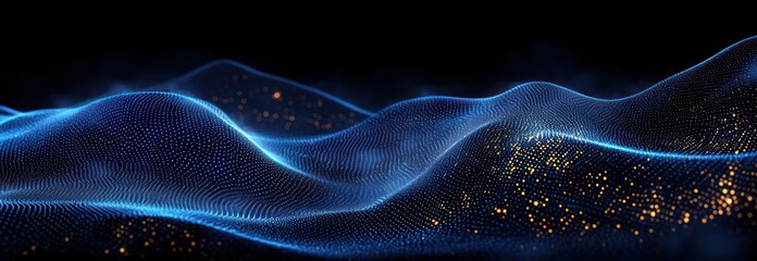 Glowing blue digital waves resembling a futuristic flowing landscape with scattered golden light particles creating a dynamic and mesmerizing visual effect