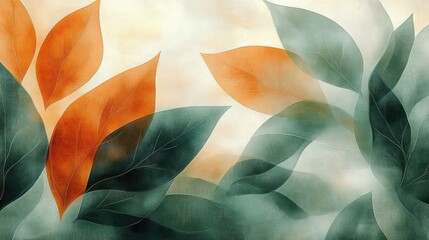 Abstract composition of translucent leaves in muted green and warm orange tones creating a calm and harmonious atmosphere