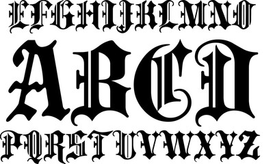 A complete uppercase gothic blackletter alphabet from A to Z, featuring a bold and intricate medieval style. Perfect for tattoo design, gothic posters, rock band logos,calligraphy, and vintage artwork