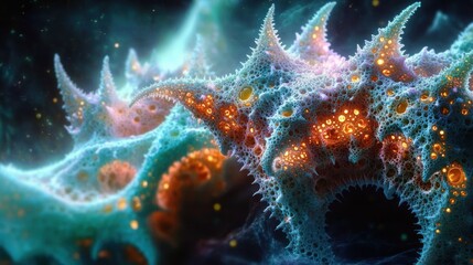 Close-up view of intricate spiky organic structure with glowing orange and blue textured surface in a dark, ethereal environment