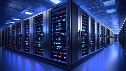 Modern data center hallway with rows of illuminated server racks emitting blue and multicolored lights, clean and organized tech environment conveying efficiency and advanced technology