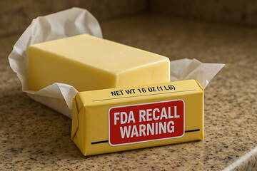 Block of Butter with FDA Recall Warning Label on a Counter