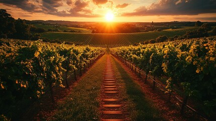 Radiant Sunset Glow on Vineyard Rows and a Wooden Path to the Horizon