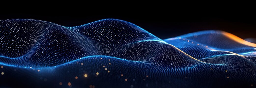 Abstract digital wave landscape formed by blue glowing particles and fine lines with smooth flowing curves and scattered golden highlights