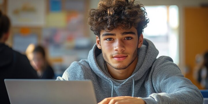 Young man with curly hair and beard wearing a gray hoodie sitting indoors facing forward with a laptop, calm and engaged expression in a blurred classroom or study environment - Powered by Adobe