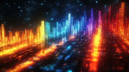 Vivid digital cityscape with glowing multicolored bar graphs and data streams under a starry sky, evoking futuristic technology and dynamic energy