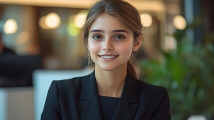 portrait of a young woman with light brown hair tied back smiling gently in a softly lit indoor setting with blurred background featuring warm lights and greenery