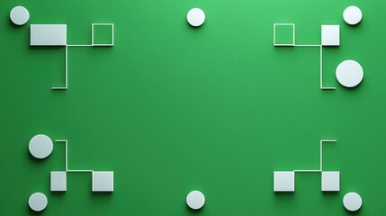 Symmetrical arrangement of white geometric shapes including circles and squares connected by thin lines on a green background creating a balanced abstract pattern
