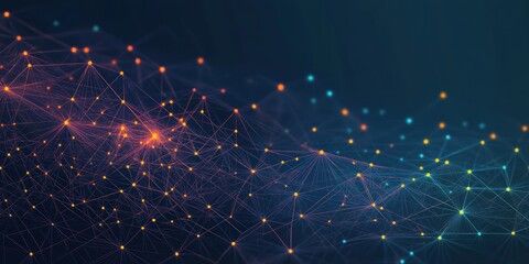 Abstract digital network of interconnected glowing nodes and lines in dark space with gradient from warm orange to cool blue, representing data flow and connectivity