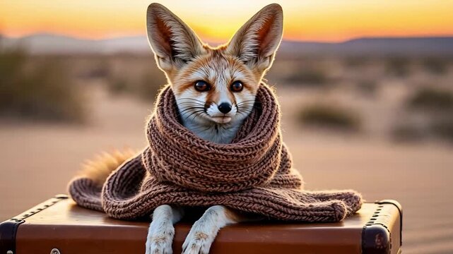 Adorable fennec fox wearing a warm scarf and sitting on a vintage suitcase in a desert landscape during a beautiful sunset
