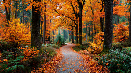 Obraz premium Many autumn trees path and fallen orange leaves