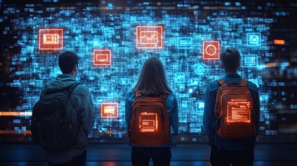 Three young people with backpacks facing a large digital screen filled with glowing blue data and orange highlighted icons, evoking curiosity and focus in a high-tech environment