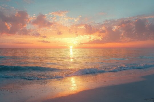 Peaceful sunrise over calm ocean waves gently touching the sandy shore under colorful clouds and soft pastel sky