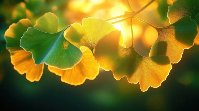 Close-up of vibrant green and yellow ginkgo leaves glowing warmly in sunlight with detailed leaf veins and a soft blurred background