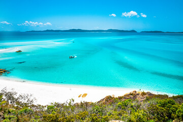 Whitehaven Beach is on Whitsunday Island. The beach is known for its crystal white silica sands and turquoise colored waters. Autralia, Dec 2019