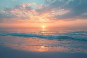 Fototapeta premium Calm ocean waves gently rolling onto a serene beach during a vibrant sunrise with soft clouds and warm pastel colors reflecting on the water and sand