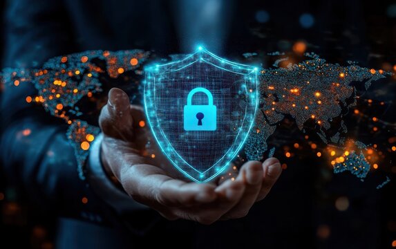 Hand holding a glowing digital shield with a lock symbol in front of a world map with illuminated city lights representing global cybersecurity protection