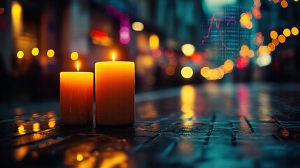 Candlelight Hope on a Wet Patio Overlooking a Volatile Financial Cityscape