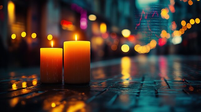 Candlelight Hope on a Wet Patio Overlooking a Volatile Financial Cityscape