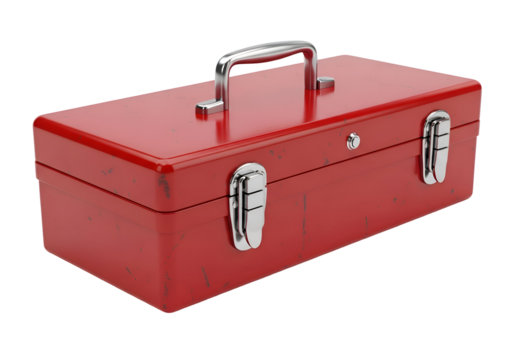 Red metal toolbox with a handle and latches.