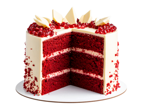  Elegant Tall Christmas Cake with Red Velvet Layers, Partial Cut, Angled View, Transparent PNG