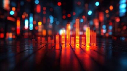 Fototapeta premium Vibrant Neon Cityscape of Glowing Orange Bars Reflected on Wet Ground with Blurred Blue and Red Bokeh Lights