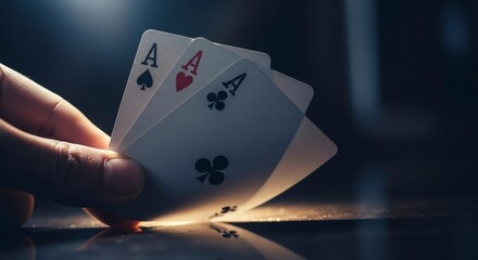 Close up view of a hand holding three playing cards with ace symbols in a fanned out arrangement over a dark reflective surface