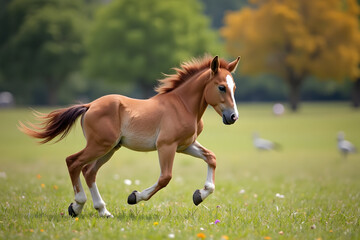 Obraz premium Foal Running Freely Across a Grassy Field in Natural Sunlight
