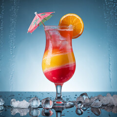 A tropical summer cocktail with a cherry and lemon sits cold on a white beach
