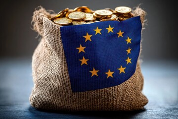 A burlap sack filled with shiny gold coins draped with a fabric featuring a circle of yellow stars on a blue background symbolizing a collective economic entity