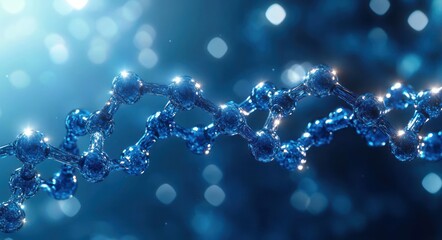 Close-up of a shiny blue molecular structure with interconnected spheres and rods, set against a soft glowing blue background, evoking a futuristic and scientific feel